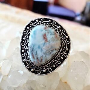 NWOT Natural Larimar Antique Style Sterling Overlay Statement Ring